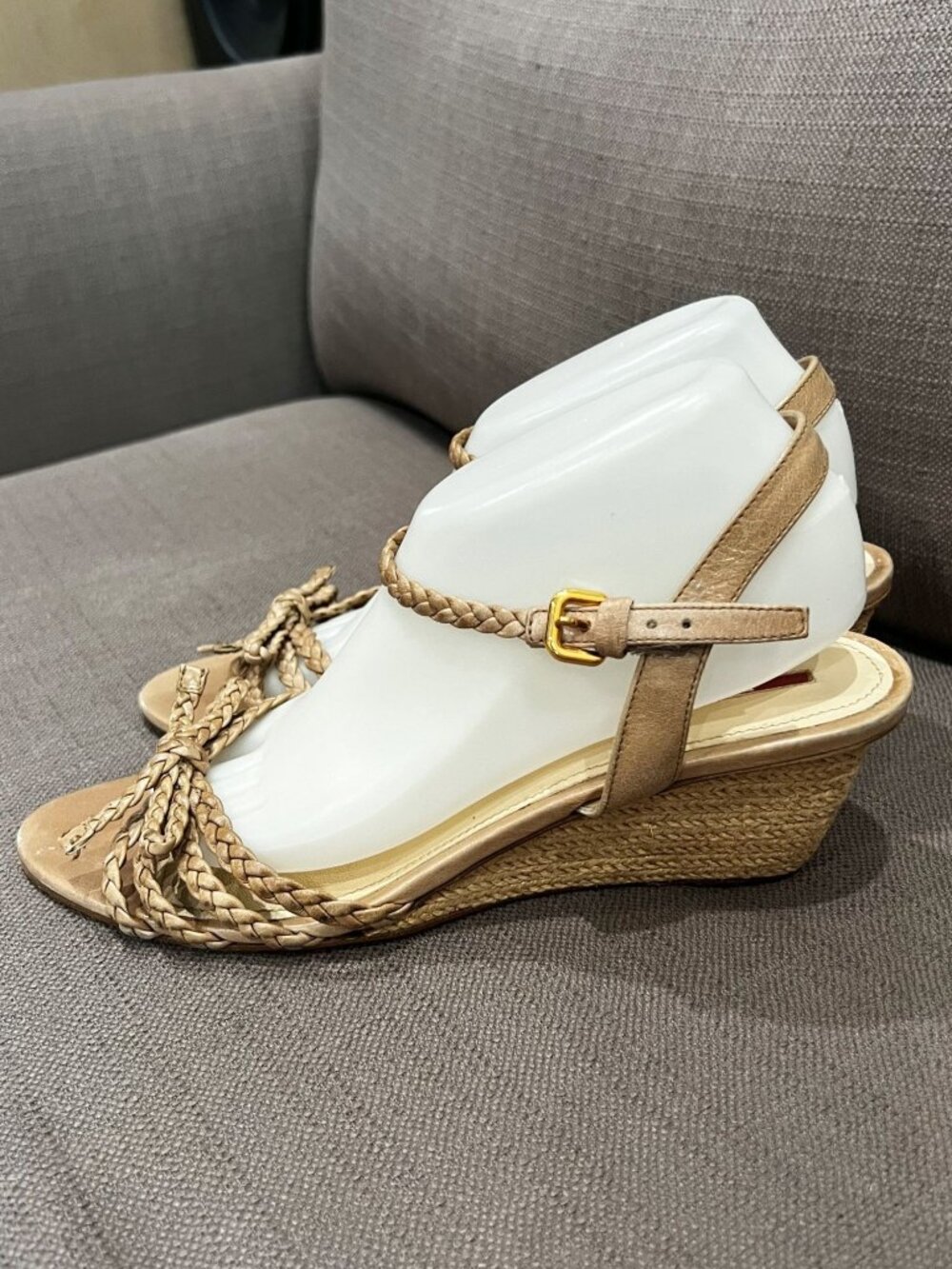 PRADA Sport Braided Leather Espadrille Wedge Sz 41 11 Beige Italy